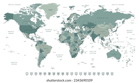Weltkarte. Sehr detaillierte Weltkarte mit detaillierten Grenzen aller Länder, Städte und Gewässer. Vektorplan in grünen Farben.