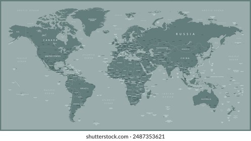 World map. Highly detailed map of the world with detailed borders of all countries, cities and bodies of water. Vector map in green colors.