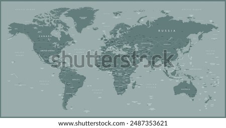World map. Highly detailed map of the world with detailed borders of all countries, cities and bodies of water. Vector map in green colors.