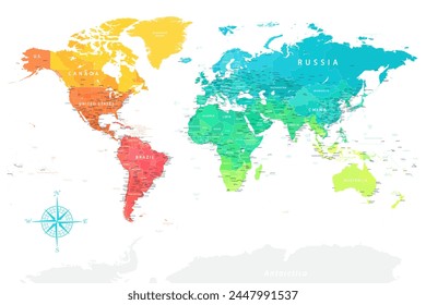 World Map - Highly Detailed Colored Vector Map of the World. Ideally for the Print Posters. Rainbow Colors