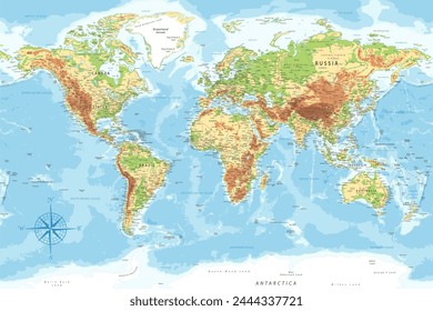 Mapa del Mundo - Mapa del Vector de Alivio Topográfico del Mundo. Ideal para los carteles impresos