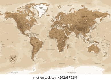 World Map - Highly Detailed Vector Map of the World. Ideally for the Print Posters. Dark Golden Beige Retro Style