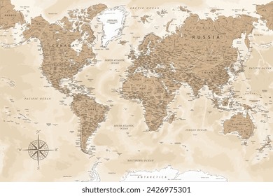 World Map - Highly Detailed Vector Map of the World. Ideally for the Print Posters. Dark Golden Beige Retro Style