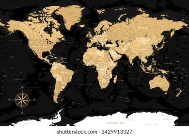 Mapa Mundial - Mapa Vectorial Altamente Detallado del Mundo. Ideal para los carteles impresos. Negro Dorado Beige Estilo Retro. Con relieve y profundidad