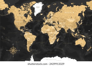 World Map - Highly Detailed Vector Map of the World. Ideally for the Print Posters. Black Golden Beige Retro Style. With Relief and Depth