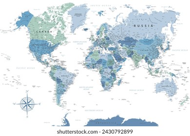 World Map - Highly Detailed Vector Map of the World. Ideally for the Print Posters. Blue Green White Colors