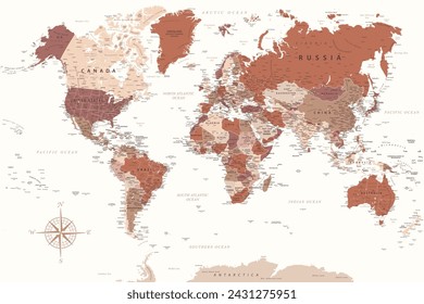 World Map - Highly Detailed Vector Map of the World. Ideally for the Print Posters. Brown Beige White Colors