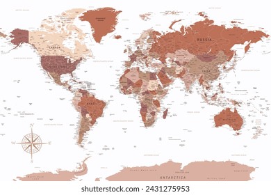 World Map - Highly Detailed Vector Map of the World. Ideally for the Print Posters. Brown Beige White Colors