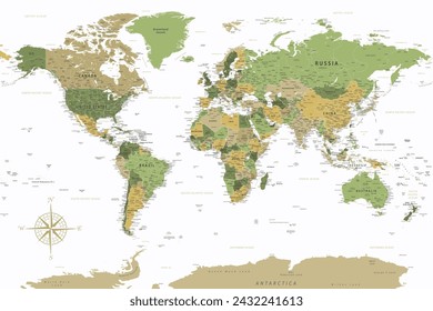 World Map - Highly Detailed Vector Map of the World. Ideally for the Print Posters. Green Yellow Golden Colors