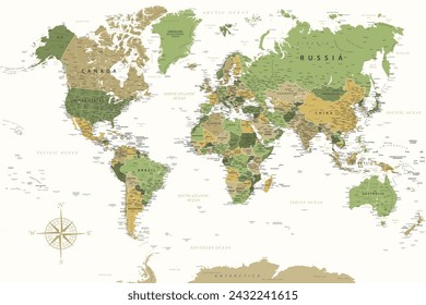 Mapa Mundial - Mapa Vectorial Altamente Detallado del Mundo. Ideal para los carteles impresos. Verde Amarillo Dorado Colores