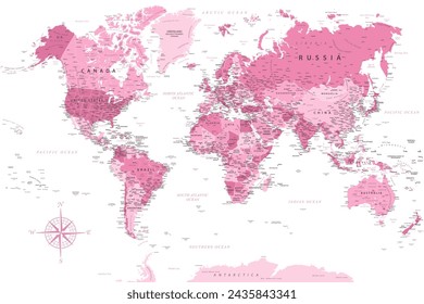 World Map - Highly Detailed Vector Map of the World. Ideally for the Print Posters. Pink White Colors