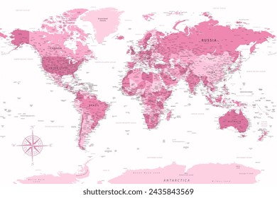 World Map - Highly Detailed Vector Map of the World. Ideally for the Print Posters. Pink White Colors