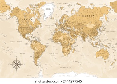 Mapa del Mundo - Mapa del Vector del Mundo. Ideal para los carteles impresos. Estilo retro Golden Spot Beige. Con relieve y profundidad