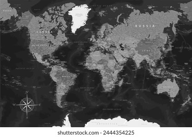 World Map - Highly Detailed Vector Map of the World. Ideally for the Print Posters. Black Gray Colors. With Relief and Depth