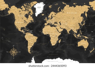 World Map - Highly Detailed Vector Map of the World. Ideally for the Print Posters. Black Golden Retro Style. With Relief and Depth