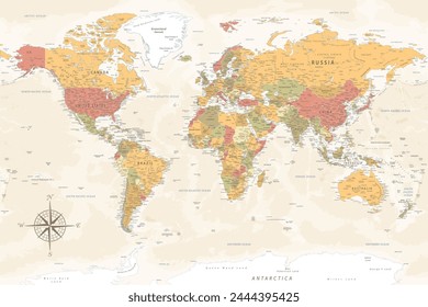 World Map - Highly Detailed Vector Map of the World. Ideally for the Print Posters. Warm Vintage Colors. Retro Style