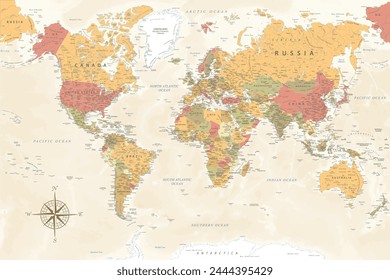 World Map - Highly Detailed Vector Map of the World. Ideally for the Print Posters. Warm Vintage Colors. Retro Style