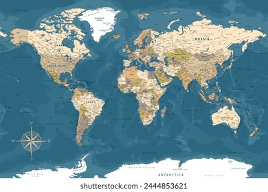 World Map - Highly Detailed Vector Map of the World. Ideally for the Print Posters. Dark Blue Golden Beige Retro Style