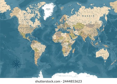 World Map - Highly Detailed Vector Map of the World. Ideally for the Print Posters. Dark Blue Golden Beige Retro Style