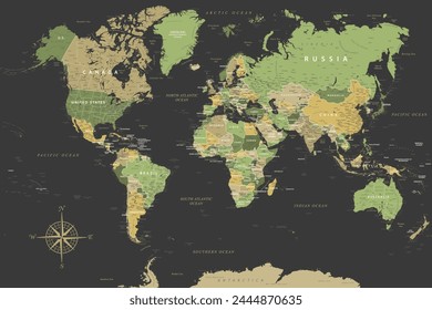 World Map - Highly Detailed Vector Map of the World. Ideally for the Print Posters. Green Yellow Black Colors