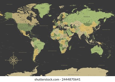 World Map - Highly Detailed Vector Map of the World. Ideally for the Print Posters. Green Yellow Black Colors