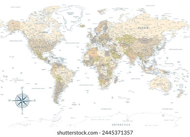 World Map - Highly Detailed Vector Map of the World. Ideally for the Print Posters. Pastel Vintage Colors. Retro Style