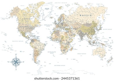 World Map - Highly Detailed Vector Map of the World. Ideally for the Print Posters. Pastel Vintage Colors. Retro Style