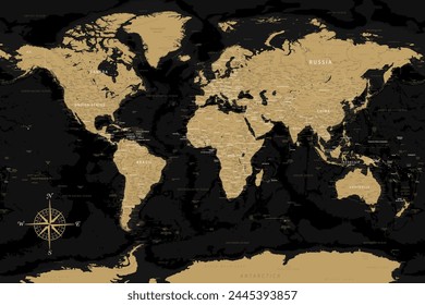 World Map - Highly Detailed Vector Map of the World. Ideally for the Print Posters. Black Golden Beige Retro Style. With Relief and Depth