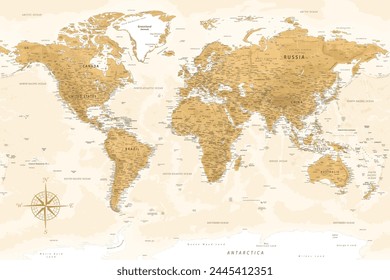 World Map - Highly Detailed Vector Map of the World. Ideally for the Print Posters. Golden Spot Beige Retro Style. With Relief and Depth