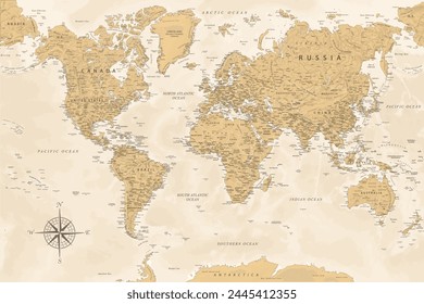 World Map - Highly Detailed Vector Map of the World. Ideally for the Print Posters. Golden Spot Beige Retro Style. With Relief and Depth