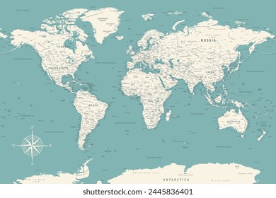 World Map - Highly Detailed Vector Map of the World. Ideally for the Print Posters. Faded Blue Green White Colors