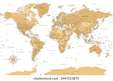 World Map - Highly Detailed Vector Map of the World. Ideally for the Print Posters. Golden Spot Beige Retro Style.