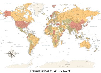 World Map - Highly Detailed Vector Map of the World. Ideally for the Print Posters. Warm Vintage Colors. Retro Style