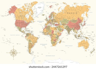 World Map - Highly Detailed Vector Map of the World. Ideally for the Print Posters. Warm Vintage Colors. Retro Style