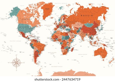 Mapa del Mundo - Mapa del Vector del Mundo. Ideal para los carteles impresos. Terracotta Warm Antiguas Colores. Estilo retro