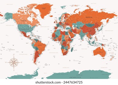 World Map - Highly Detailed Vector Map of the World. Ideally for the Print Posters. Terracotta Warm Vintage Colors. Retro Style