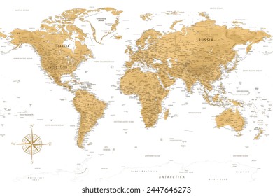 World Map - Highly Detailed Vector Map of the World. Ideally for the Print Posters. Beige Pastel Vintage Colors. Retro Style