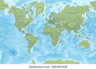 World Map - Highly Detailed Vector Map of the World. Ideally for the Print Posters. Green Yellow Golden Colors