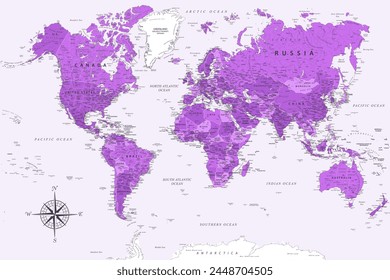 World Map - Highly Detailed Vector Map of the World. Ideally for the Print Posters. Purple Lilac Spot Beige Retro Style.