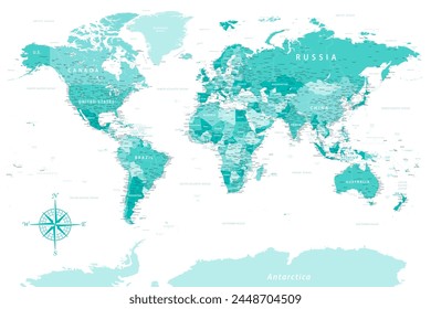 World Map - Highly Detailed Vector Map of the World. Ideally for the Print Posters. Turquoise Blue Green Spot Retro Style.