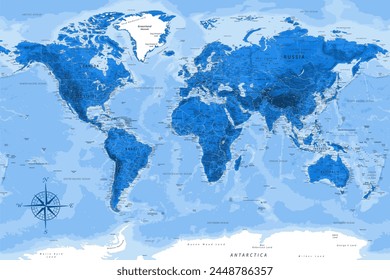 World Map - Highly Detailed Vector Map of the World. Ideally for the Print Posters. Deep Blue Colors. With Relief and Depth