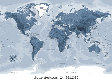 World Map - Highly Detailed Vector Map of the World. Ideally for the Print Posters. Grey Silver Monochrome Colors. With Relief and Depth