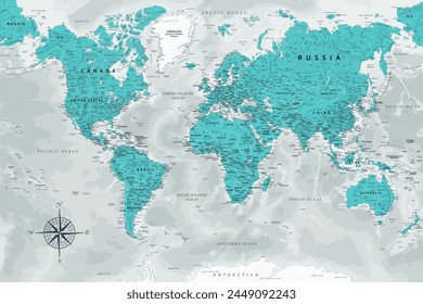World Map - Highly Detailed Vector Map of the World. Ideally for the Print Posters. Sapphire Blue Green Grey Colors. With Relief and Depth