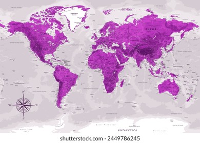 World Map - Highly Detailed Vector Map of the World. Ideally for the Print Posters. Amethyst Lilac Purple Colors. With Relief and Depth