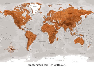 World Map - Highly Detailed Vector Map of the World. Ideally for the Print Posters. Terracotta Brown Orange Colors. With Relief and Depth