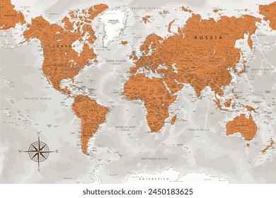 World Map - Highly Detailed Vector Map of the World. Ideally for the Print Posters. Terracotta Brown Orange Colors. With Relief and Depth