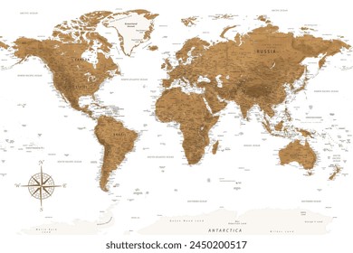 World Map - Highly Detailed Vector Map of the World. Ideally for the Print Posters. Dark Golden Beige Retro Style