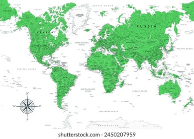 World Map - Highly Detailed Vector Map of the World. Ideally for the Print Posters. Emerald Green Grey Colors. Relief Topographic