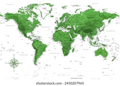 World Map - Highly Detailed Vector Map of the World. Ideally for the Print Posters. Emerald Green Grey Colors. Relief Topographic