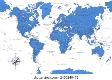 Mapa del Mundo - Mapa del Vector del Mundo. Ideal para los carteles impresos. Colores azul profundo. Relieve topográfico